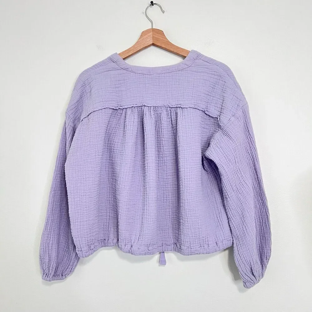 Free People Rising Sun Textured Relaxed Gauze Button Front Blouse XS Lavender